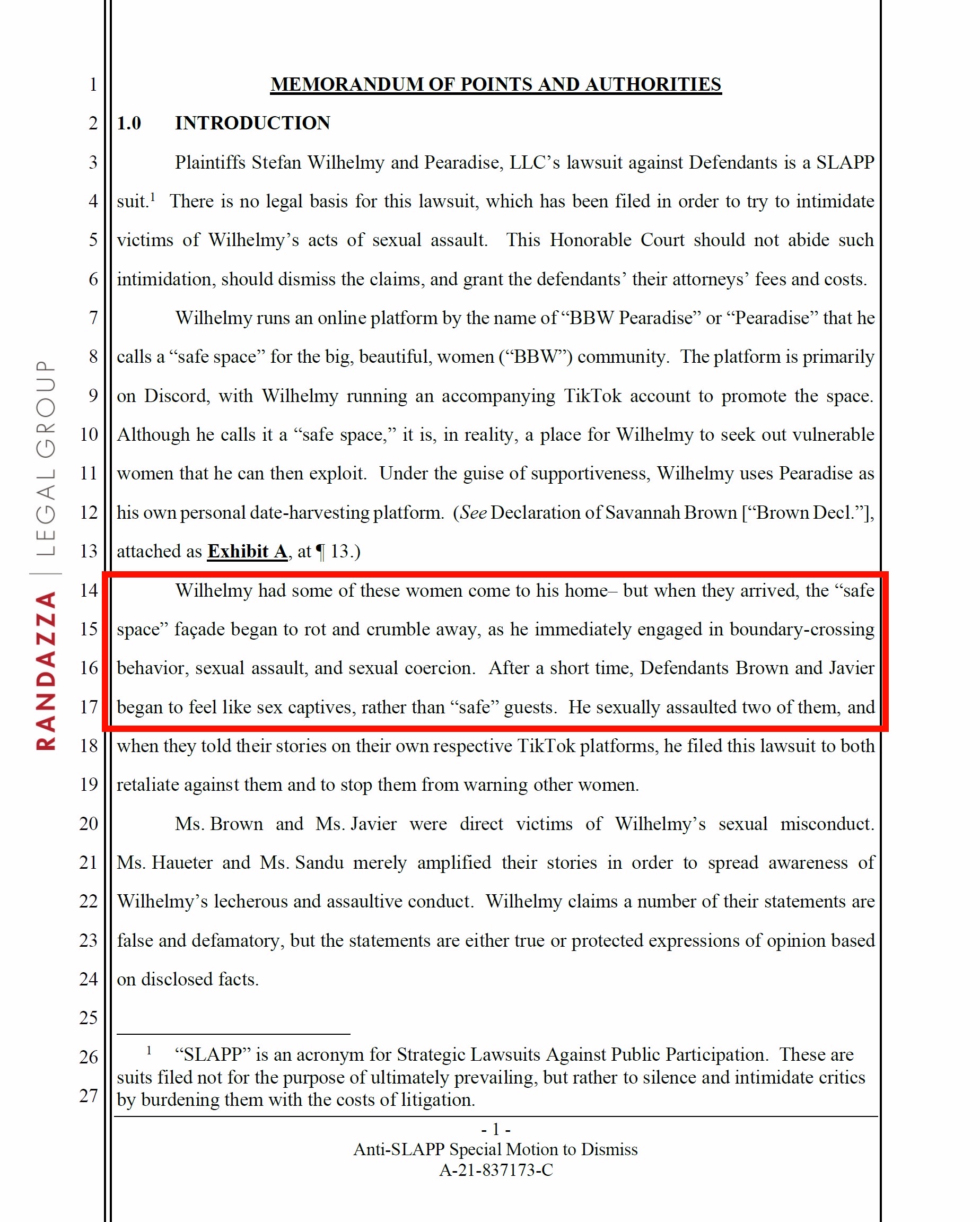 Excerpt from court filing referencing the phrase sex captives